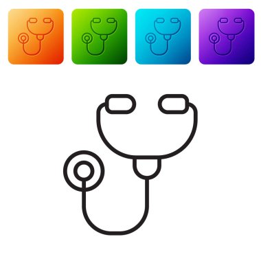 Siyah çizgi steteskop tıbbi araç simgesi beyaz arka planda izole edildi. Renkli kare düğmelerle simgeleri ayarla. Vektör İllüstrasyonu