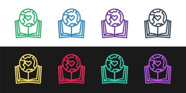 Siyah ve beyaz arka planda izole edilmiş çizgi Dünya küresi ve kitap ikonu. Dünya ya da Dünya işareti. Küresel internet sembolü. Geometrik şekiller. Vektör İllüstrasyonu