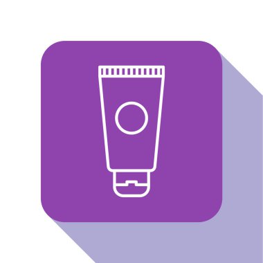 Beyaz çizgi kremi ya da losyon kozmetik tüp ikonu beyaz arka planda izole edilmiş. Erkekler için vücut bakım ürünleri. Mor kare düğme. Vektör İllüstrasyonu