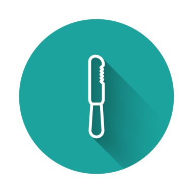 Tek kullanımlık beyaz çizgi, uzun gölgeli plastik bıçak ikonu. Yeşil daire düğmesi. Vektör İllüstrasyonu