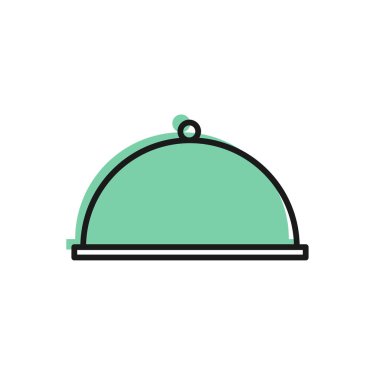 Beyaz arka planda izole edilmiş bir tepsi yiyecek ikonu ile kaplanmış siyah çizgi. Tepsi ve kapak. Kapaklı bir restoran saati. Mutfak eşyaları sembolü. Vektör İllüstrasyonu