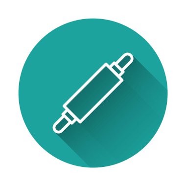 Beyaz çizgi Rolling Pin ikonu uzun gölgeli izole edilmiş. Yeşil daire düğmesi. Vektör İllüstrasyonu