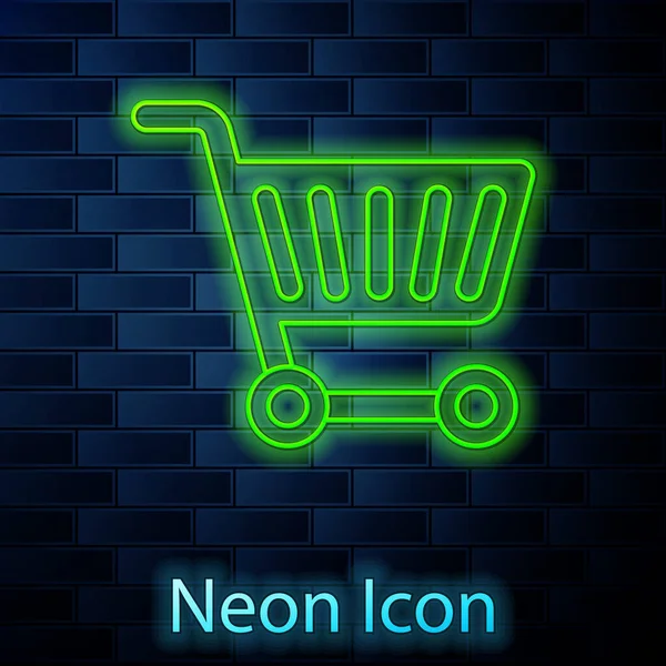 Glödande Neon Line Shopping Vagn Ikon Isolerad Tegel Vägg Bakgrund — Stock vektor