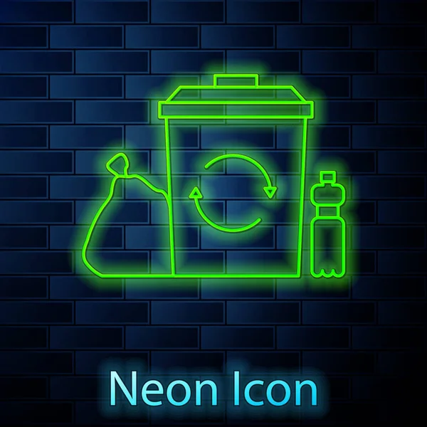 Glödande Neon Linje Återvinn Bin Med Ikonen Återvinningssymbol Isolerad Tegel — Stock vektor