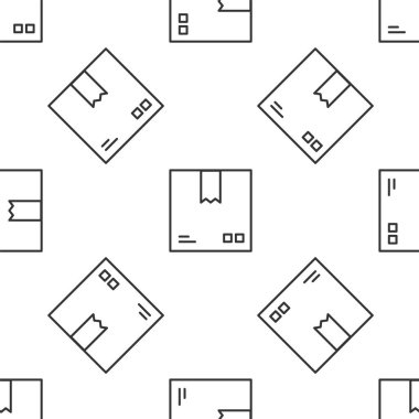 Üzerinde trafik sembolü simgesi olan gri çizgi karton kutu beyaz arka planda izole edilmiş kusursuz desen. Kutu, paket, paket. Teslimat, ulaşım ve nakliye. Vektör İllüstrasyonu