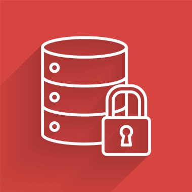 Kapalı asma kilit simgesine sahip beyaz çizgi sunucusu güvenliği uzun gölgeli izole edildi. Güvenlik, güvenlik, koruma kavramı. Vektör İllüstrasyonu