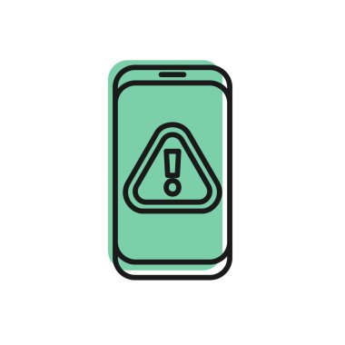 Beyaz zemin üzerinde ünlem işareti simgesi olan siyah çizgi cep telefonu. Uyarı mesajı akıllı telefon uyarısı. Vektör İllüstrasyonu