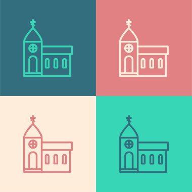 Popüler sanat çizgisi kilise binası ikonu renk arkaplanında izole edilmiş. Hıristiyan Kilisesi. Kilisenin dini. Vektör İllüstrasyonu