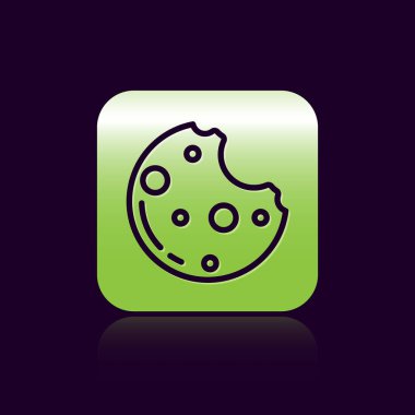 Siyah arka planda marihuana yaprağı ikonu olan siyah çizgi çikolatalı kurabiyeler. Ot, kenevir, tıbbi ve eğlence amaçlı esrar. Yeşil kare düğmesi. Vektör İllüstrasyonu