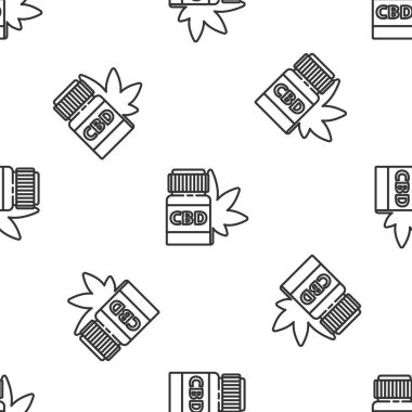 Marihuana ya da kenevir yaprağı ikonu içeren gri çizgi tıbbi şişe beyaz arka planda izole edilmiş. Kavanozlardaki kenevir yağı özlerini taklit et. Vektör İllüstrasyonu