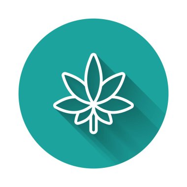 Beyaz çizgi tıbbi marihuana ya da kenevir yaprağı ikonu uzun gölgeli. Kenevir sembolü. Yeşil daire düğmesi. Vektör İllüstrasyonu