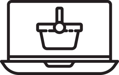 Ekran dizüstü bilgisayarındaki siyah çizgi alışveriş sepeti beyaz arkaplanda izole edilmiş. Konsept e-ticaret, e-ticaret, online iş pazarlama. Vektör İllüstrasyonu