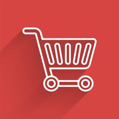 Uzun gölgeli beyaz çizgi alışveriş arabası ikonu. İnternetten satın alma konsepti. Servis tabelası. Süpermarket sepeti sembolü. Vektör İllüstrasyonu