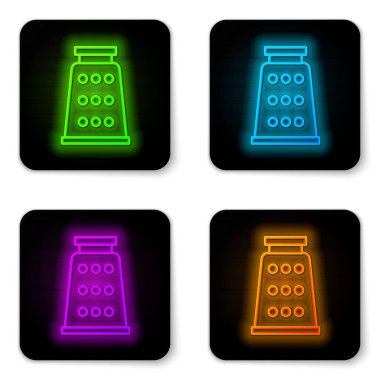 Parlayan neon hattı Grater simgesi beyaz arkaplanda izole edildi. Mutfak sembolü. Mutfak aletleri. Çatal bıçak seti. Siyah kare düğme. Vektör İllüstrasyonu