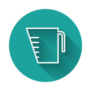 Beyaz çizgi ölçme kabı kuru ve sıvı yiyecek ikonunu uzun gölgeli olarak izole etmek için. Plastik şişenin sapı var. Yeşil daire düğmesi. Vektör İllüstrasyonu