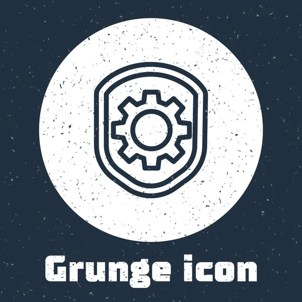 Grunge Linha Escudo Com Configurações Engrenagem Ícone Isolado Fundo Cinza — Vetor de Stock