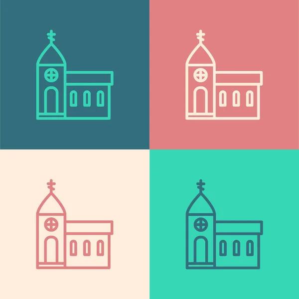Pop Art Linie Kirche Gebäude Ikone Isoliert Auf Farbigem Hintergrund — Stockvektor