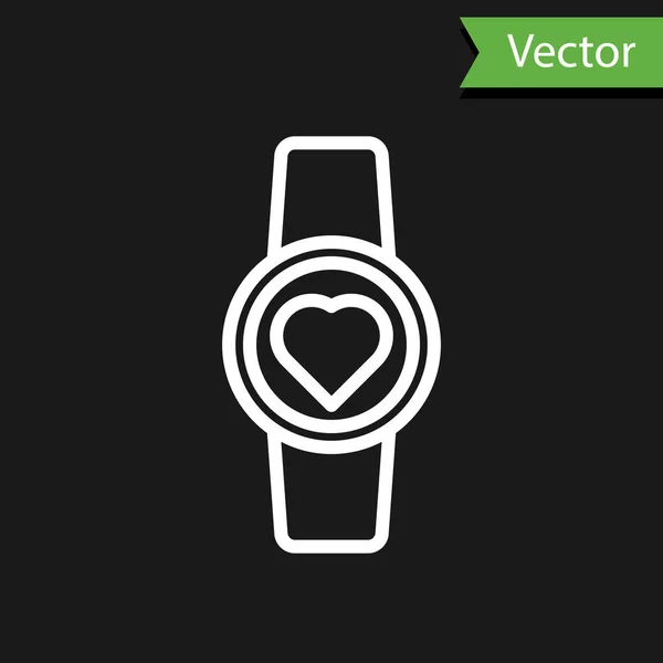 Weiße Linie Smartwatch Mit Herzfrequenzsymbol Isoliert Auf Schwarzem Hintergrund Fitness — Stockvektor