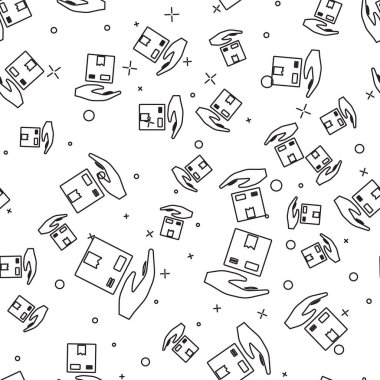 Karton kutular ikonuna sahip siyah çizgi teslimat eli beyaz arkaplanda izole edilmiş kusursuz desen. Kuryeyle kapı kapı dolaşacağız. Vektör İllüstrasyonu