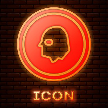 Parlayan neon para ikonu tuğla duvar arkasında izole edilmiş. Bankacılık işareti. Para sembolü. Vektör İllüstrasyonu