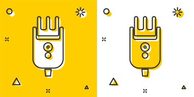 Sarı ve beyaz arka planda siyah elektrikli saç kırpma makinesi ya da traş ikonu var. Berber dükkanı sembolü. Rastgele dinamik şekiller. Vektör İllüstrasyonu