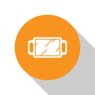 Beyaz El ayna simgesi beyaz arkaplanda izole edilmiş. Turuncu daire düğmesi. Vektör İllüstrasyonu