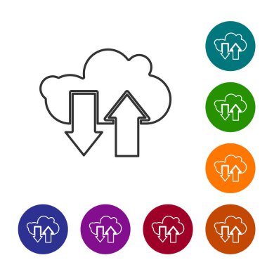 Siyah çizgi Bulut indirme ve yükleme simgesi beyaz arkaplanda izole edildi. Simgeleri renk daire düğmelerine ayarla. Vektör İllüstrasyonu