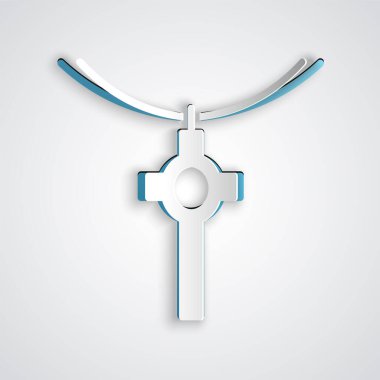 Kağıt, gri arka planda izole edilmiş bir simge üzerinde Hıristiyan haçı kesiyor. Kilise haçı. Kağıt sanatı tarzı. Vektör İllüstrasyonu