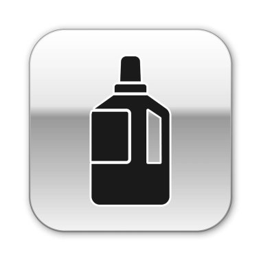 Beyaz arkaplanda siyah kumaş yumuşatıcı simgesi izole edildi. Sıvı çamaşır deterjanı, saç kremi, temizlik maddesi, çamaşır suyu. Gümüş kare düğme. Vektör İllüstrasyonu