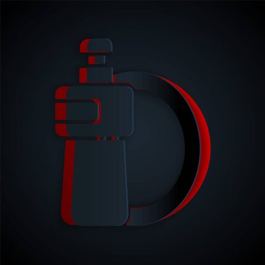 Kağıt kesiği, siyah arka planda izole edilmiş sıvı şişe ve tabak ikonu. Bulaşık yıkamak için sıvı deterjan. Kağıt sanatı tarzı. Vektör İllüstrasyonu