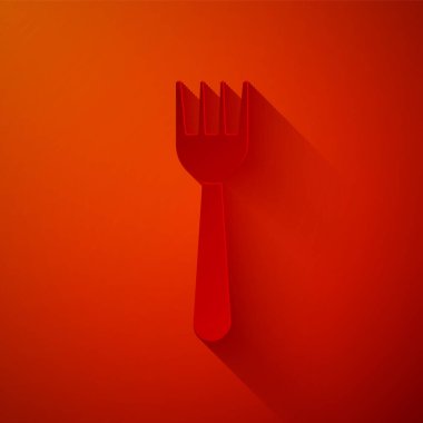 Kağıt kesiği, kırmızı arkaplanda izole edilmiş plastik çatal simgesi. Kağıt sanatı tarzı. Vektör İllüstrasyonu