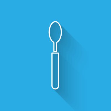 Beyaz çizgi Kaşık simgesi uzun gölge ile izole. Pişirme aleti. Çatal bıçak takımı işareti. Vektör İllüstrasyonu
