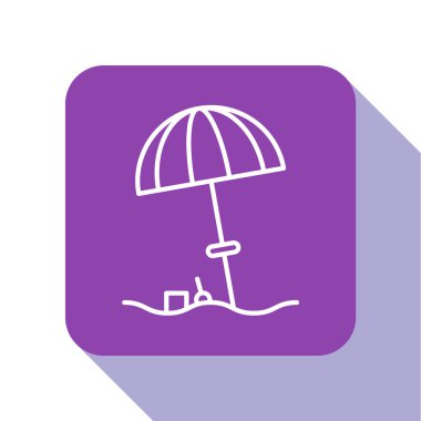 Beyaz çizgi üzerine izole edilmiş plaj ikonu için güneş koruyucu şemsiye. Açık alan için büyük bir şemsiye. Plaj şemsiyesi Mor kare düğme. Vektör İllüstrasyonu