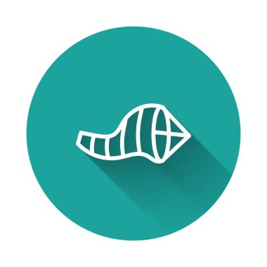 Beyaz çizgi koni meteoroloji rüzgar gülü ikonu uzun gölgeli izole edilmiş. Rüzgâr Sock rüzgarın yönünü ve gücünü gösteriyor. Yeşil daire düğmesi. Vektör İllüstrasyonu