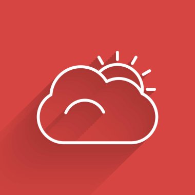 Beyaz çizgi Güneş ve bulut hava ikonu uzun gölgeli izole edilmiş. Vektör İllüstrasyonu
