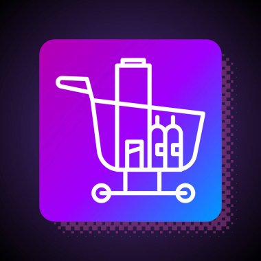 Beyaz çizgi alışveriş arabası ve yiyecek ikonu siyah arka planda izole edilmiş. Yiyecek dükkanı, süpermarket. Kare renk düğmesi. Vektör İllüstrasyonu