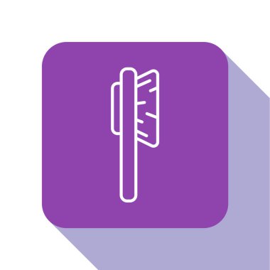 Beyaz çizgi saç fırçası simgesi beyaz arkaplanda izole edildi. Taraklı saç işareti. Berber sembolü. Mor kare düğme. Vektör İllüstrasyonu