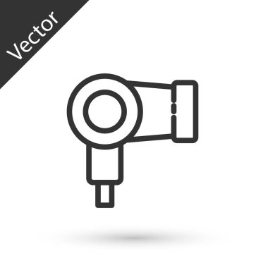 Beyaz arka planda gri çizgi saç kurutma ikonu izole edildi. Saç kurutma makinesi tabelası. Saç kurutma sembolü. Sıcak hava üflüyor. Vektör İllüstrasyonu