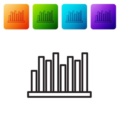 Beyaz arkaplanda siyah çizgi pasta grafiği bilgi simgesi izole edildi. Diyagram çizelgesi. Renkli kare düğmelerle simgeleri ayarla. Vektör İllüstrasyonu