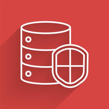 Beyaz çizgi sunucusu, uzun gölgeli kalkan simgesi ile izole edildi. Saldırılara karşı koruma. Ağ güvenlik duvarı, yönlendirici, anahtar, veri. Vektör İllüstrasyonu