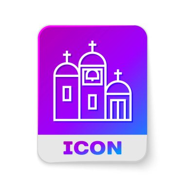 Beyaz çizgi kilise binası simgesi beyaz arka planda izole edildi. Hıristiyan Kilisesi. Kilisenin dini. Dikdörtgen renk düğmesi. Vektör İllüstrasyonu