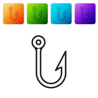 Siyah çizgili olta kancası simgesi beyaz arkaplanda izole edildi. Balık oltası. Renkli kare düğmelerle simgeleri ayarla. Vektör İllüstrasyonu