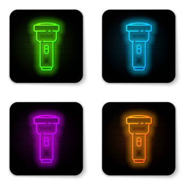 Parlayan neon çizgisi Flashlight simgesi beyaz arkaplanda izole edildi. Siyah kare düğme. Vektör İllüstrasyonu