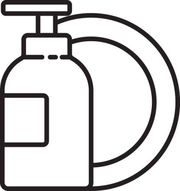 Siyah çizgili bulaşık deterjanı şişesi ve plaka simgesi beyaz arka planda izole edilmiş. Bulaşık yıkamak için sıvı deterjan. Vektör İllüstrasyonu