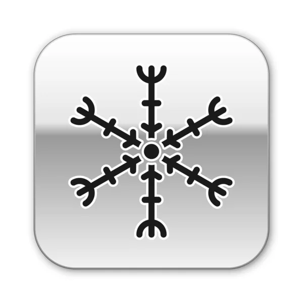 Schwarzes Schneeflockensymbol Isoliert Auf Weißem Hintergrund Silberner Quadratischer Knopf Vektorillustration — Stockvektor