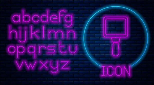 Gloeiende Neon Hand Spiegel Pictogram Geïsoleerd Baksteen Muur Achtergrond Neon — Stockvector