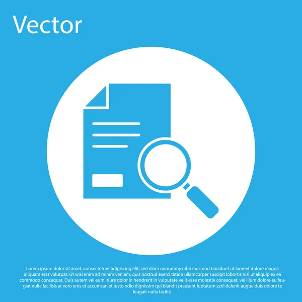 青色の背景に隔離された検索アイコンを持つ青色のドキュメント ファイルと拡大鏡のアイコン 分析研究のサイン 白い丸ボタン ベクターイラスト — ストックベクタ