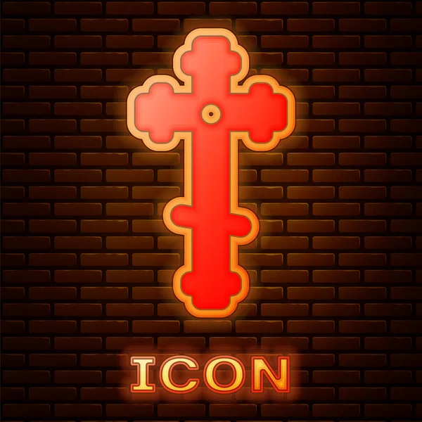 レンガの壁の背景に孤立ネオンクリスチャンクロスアイコンを光る 教会の十字架 ベクターイラスト — ストックベクタ