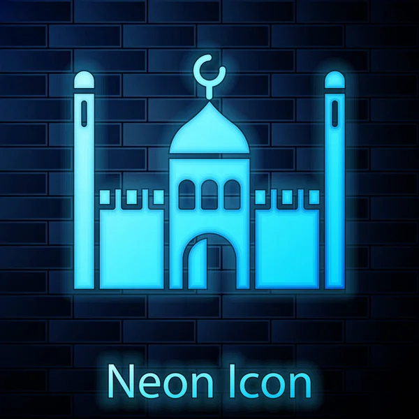Ragyogó Neon Muzulmán Mecset Ikon Elszigetelt Téglafal Háttér Vektorillusztráció — Stock Vector