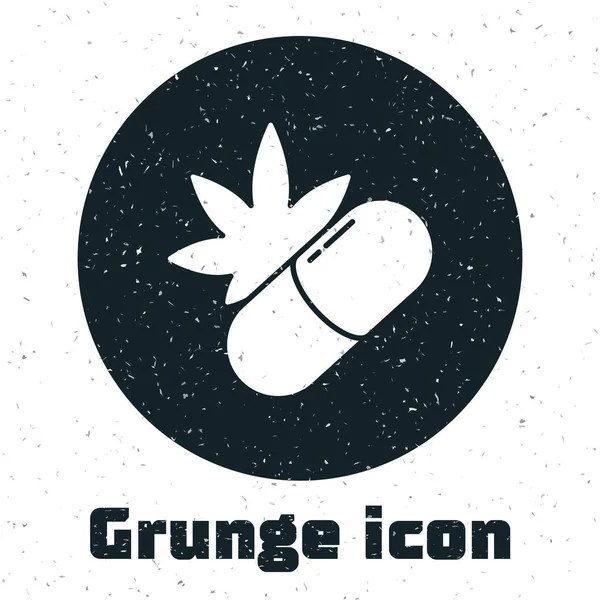 Grunge Medical Pastillas Con Marihuana Cannabis Icono Hoja Aislado Sobre — Archivo Imágenes Vectoriales